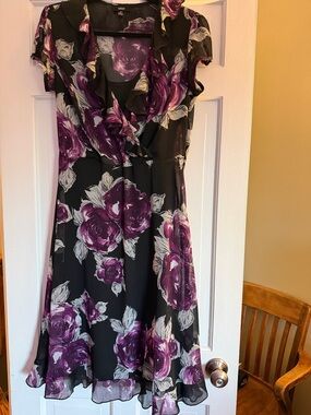 MSK black faux ruffled wrap dress